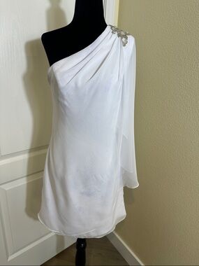 JS Boutique White One-Shoulder Draped Evening Dress with Embellished Shoulder 2